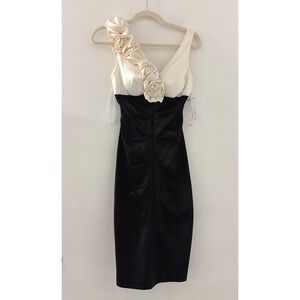 Y2K Xscape by Joanna Chen Cream Black Rosette One Shoulder Ruched Satin Dress 4